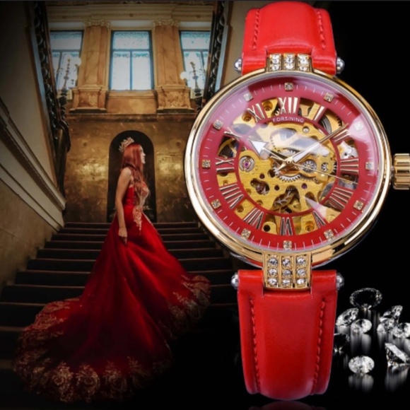 Forsining Womens Automatic Transparent Skeleton RED Leather Band Ladies Watch main image 6